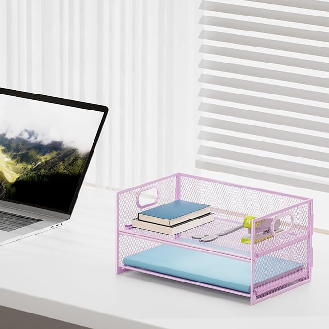 Marbrasse 2 Tier Paper Organizer Letter Tray, Mesh File Organizer with Handle, Paper Sorter Desk Organizer for Home Office Supplies - 2P Purple