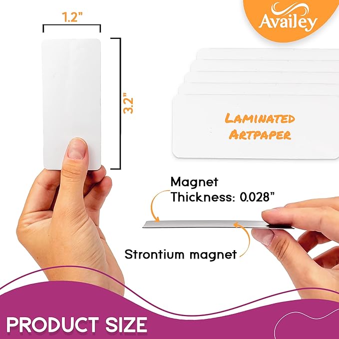 Availey 50 Pieces (3.2 x 1.2) - White Magnetic Dry Erase Labels - Reusable Strips for Classroom Home Office Garage Refrigerator Blank Writable Erasable Cards Name Tags Students Locker Shelf