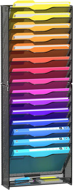 VEESUN Wall File Organizer, 16-Tier Mesh File Holder, Vertical Document Rack For Home, School, and Office Use (Black)
