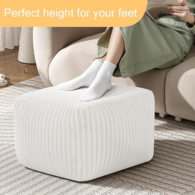MeMoreCool Square Stuffed Pouf Ottoman Foot Rest, Stripe Furry Floor Pouf Foot Stool with Foam Chunk Filling, Soft Fluffy Stuffed Ottoman Footrest for Living Room, Faux Fur Beige