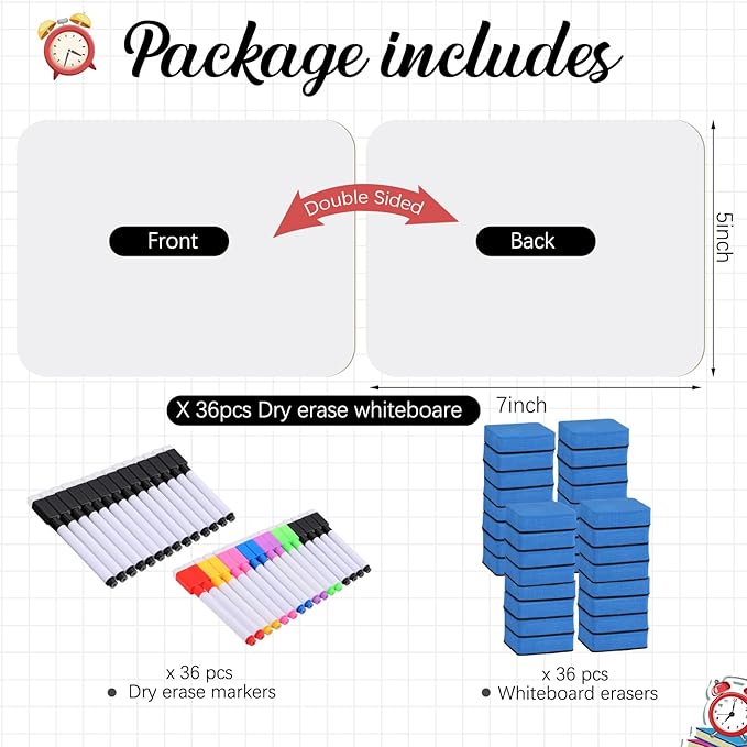 Affrolling 36 Sets Small Whiteboard Dry Erase Boards 5" x7'' Mini Double Sided Dry Erase Lap Boards with Markers Erasers Pen Holders Personal Whiteboards for Students Classroom Teacher