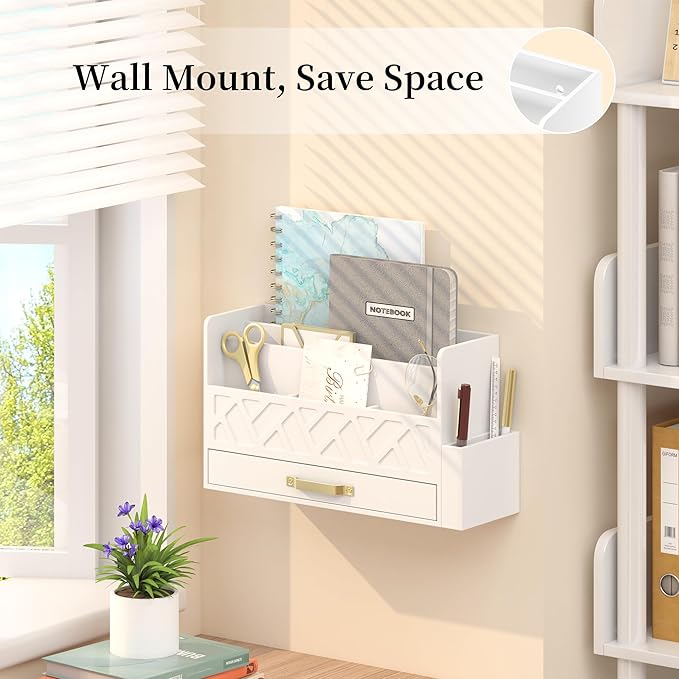 Wisuce Home Wooden Desk Organizer,Desktop Organizer File Sorter for Office Supplies, Mail Organizer with Drawer,Desk Accessories & Workspace Organizers for Women （White）
