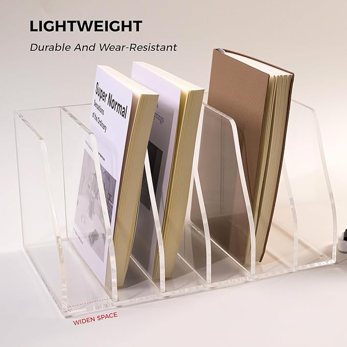 AIMOLLY Acrylic Magazine File Holder, 6 Vertical Compartments Desk Document Sorter Organizer, Clear Folder Rack Binder for Office/Home/Classroom, for Documents, Tablet, Magazines, Books & Accessories