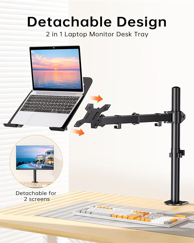 H&C(hcck&Cllassp) Laptop Desk Mount for 11"-17" Notebook, Fully Adjustable with Tilt, Swivel, Rotation, Extension, Single Laptop Arm with Vented Tray, C-clamp, Black