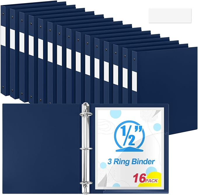 Henoyso 16 Pcs 3 Ring Binder 0.5 Inch Round Fits Letter Size 8.5'' x 11'' Paper Plastic Flexible Binder Bulk Holds 140 Sheets with 1 Pockets Versatile Organizer for Home Office School (Navy Blue)