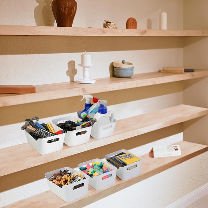 Tiawudi 12 Pack Storage Bins, Plastic Storage Containers, Multi-Use White Organizer Bins for Cabinet, Pantry, Drawer, Closet, Countertop or Shelves