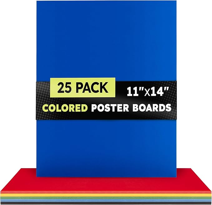 Hygloss Medium Colored Poster Board 11x14 - 25 Assorted Standard Color Poster Boards Bulk Pack - Red, Yellow, Green, Blue, Black - 10 Pt. Thickness Poster Board Paper, Posterboard Multipack 11" x 14"