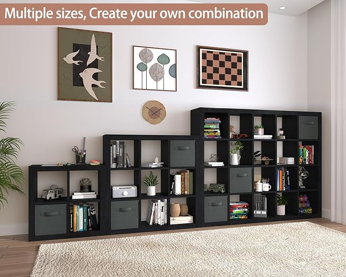Bookshelf with Storage Bins, 9-Cube Storage Organizer Sturdy Wooden Bookcase Open Book Shelf, Multifunctional Cubicle Rack for Storage & Display, Furniture for Living Room Bedroom Office, Black