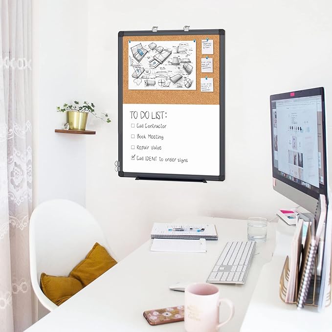 maxtek Combination White Board & Bulletin Cork Board 24 x 18 Whiteboard Magnetic, Combo Dry Erase Board with Black Aluminum Frame, 2' x 1.5' Hanging Message Board Wall Mounted for Homeschool Office