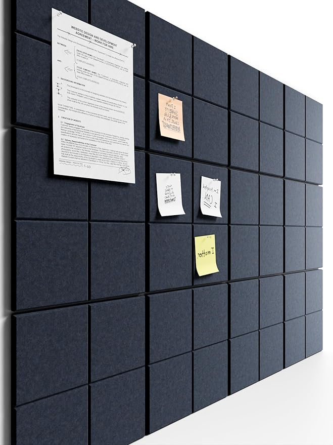 Bumusty Large Cork Board Alternative-47 x35 Felt Bulletin Board Tiles, with 30 Pushpins, 70 Adhesive Tabs, 12-Pack Slat Wall Paneling, Cork Boards for Office Push Pin Felt Board-Deep Charcoal Blue