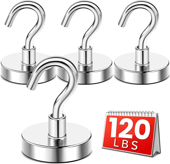 DIYMAG Magnetic Hooks for Hanging Cubicle Accessories, 120lbs 2026 Cruise Cabin Ship Essentials Magnetic Hook Heavy Duty Strong Magnets Fridge for Classroom Beach Kitchen Grills 4 Pack Silver