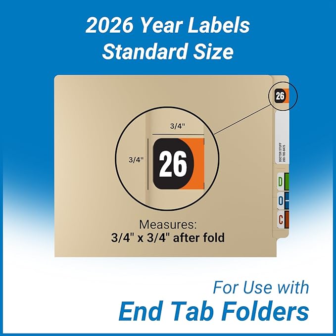 2026 Year Stickers, Doctor Stuff 2026 Chart Stickers, Orange/Black Color Coded, Arden Style, USA Made Year Labels for End Tab File Folders, 500/Roll, 1 Roll, 3/4" x 1-1/2"