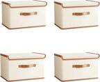 Tuza 4 Pack Storage Bins with Lids, Collapsible Closet Organizer Container, Fabric Organizer Box with Handles, Decorative Storage Boxes with Lids for Organizing Clothes, Books, File, White, Medium