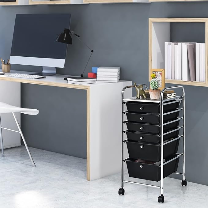 RELAX4LIFE 6-Drawer Rolling Storage Cart - Classroom Organization on Wheels w/Removable Plastic Drawers, Mobile Art Craft Cart for School Paper Home Office, Utility Cart with Drawers (Black)