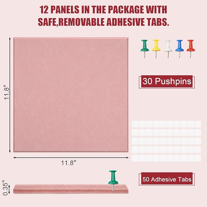 Large Cork Board Alternative 48" X 36" Bulletin Board - 12 Pack Removable Felt Wall Tiles with 30 pushpins, Large Cork Boards for Walls Cork Board for Office Pin Board Tack Board - Pink