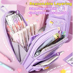 Large Capacity Kawaii Purple Pencil Case - Cute 3-Compartment Stationery Organizer for School Supplies, Office, and Travel | Ideal Gift for Students, Artists, and Art Lovers, Holds 50 Pens or Pencils