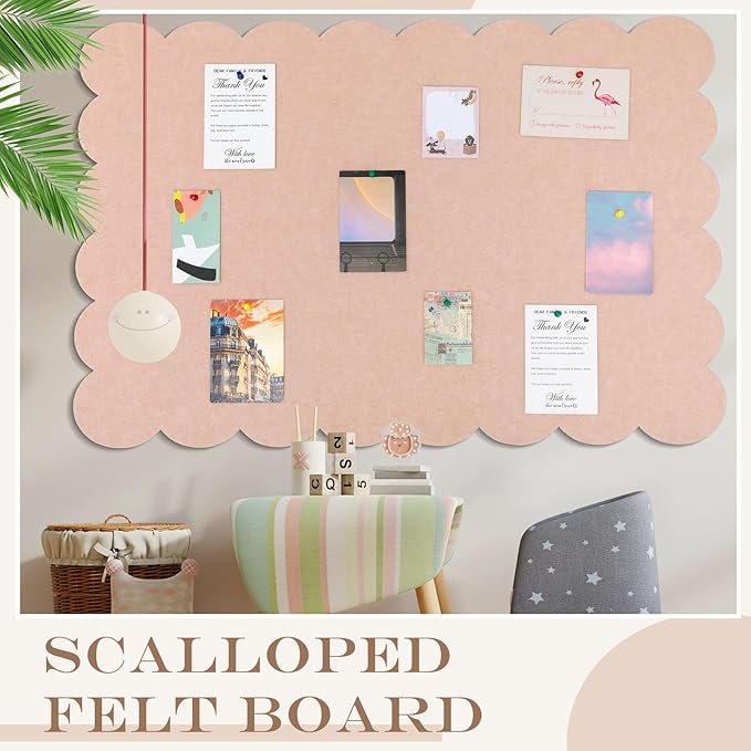Mooliwe Scalloped Felt Bulletin Board 72 x 48 Inches Foldable Flesh Pink Pin Cork Board Alternative for Wall, 6' x 4' Trifold Picture Vision Self Adhesive Bulletin Decorative