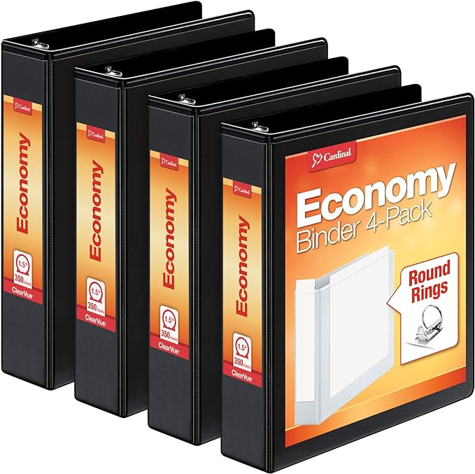 Cardinal Economy 3 Ring Binder, 1.5 Inch, Presentation View, Black, Holds 350 Sheets, Nonstick, PVC Free, 4 Pack of Binders (79519)