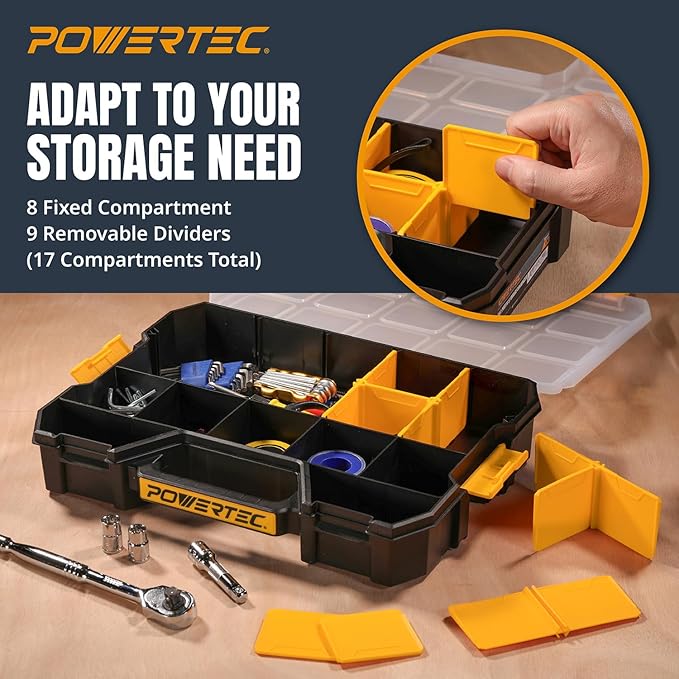 POWERTEC Stackable Tool Box Organizer with Removable Dividers - 17 Compartments, Interlocking, Portable Design, 2-Pack (72118-P2)
