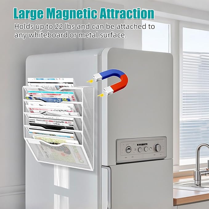 LQPAFZ 5-Tier Magnetic File Organizer, No Drilling Installation, White Magnetic Paper Holder, Magazine Rack for Refrigerator and File Cabinets