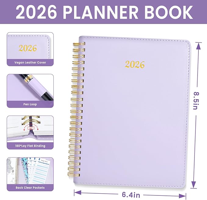 2026 Planner, Annecy Weekly ＆ Monthly Planner 2026, Jan. 2026 – Dec. 2026, 6.4" x 8.5" Monthly Agenda Planner with Tabs, Vegan Leather Cover, Spiral Binding, Double-sided Pocket, Bookmark, Purple