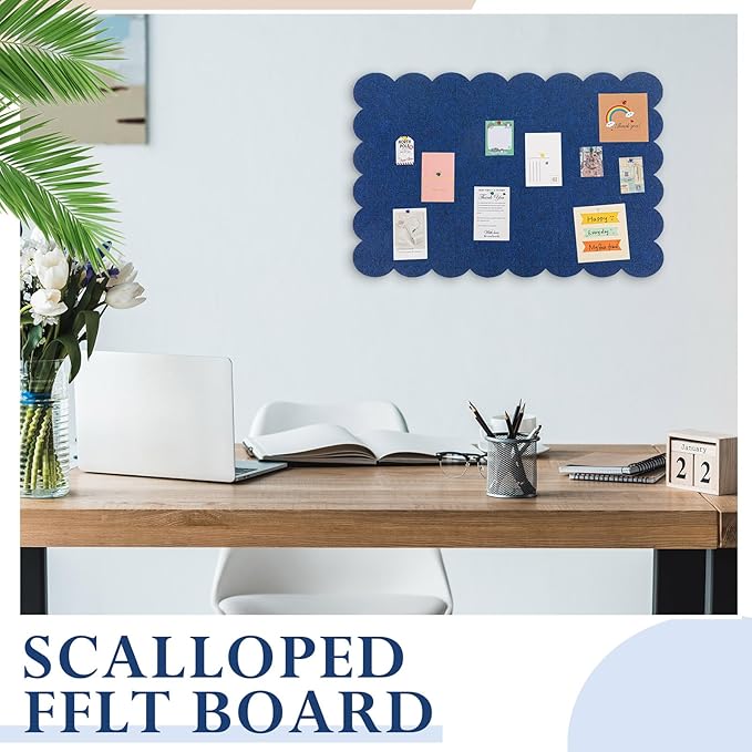 Mooliwe Scalloped Felt Bulletin Board 24 x 18 Inches Foldable Dark Blue Pin Cork Board Alternative for Wall, 2' x 1.5' Trifold Picture Vision Self Adhesive Bulletin Decorative
