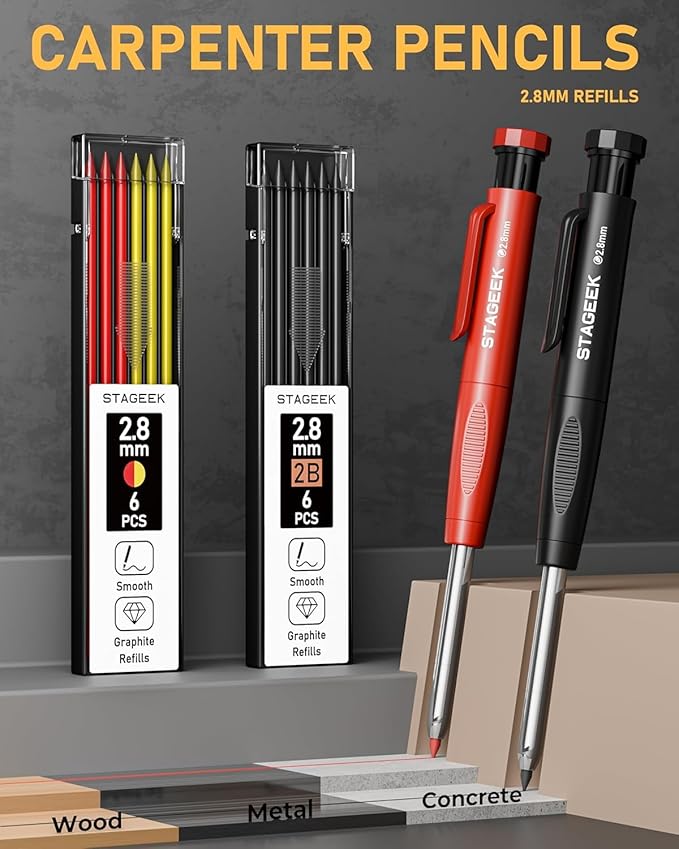 STAGEEK 17 Pack Carpenter Pencil Set with Sharpener, Mechanical Carpenter Pencils with 60 Refills, Deep Hole Long-Nib Marker Pens, Carbide Scribe Tool & Construction Pencils for Architect with Case