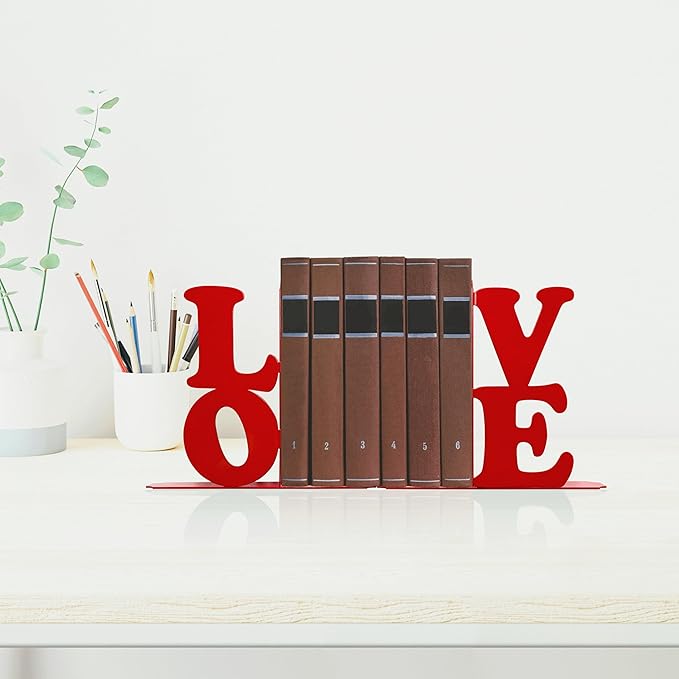 Love Decor Metal Bookends - Novelty & Cute Bookends for Shelves, Unique and Decorative Book Ends (Red)