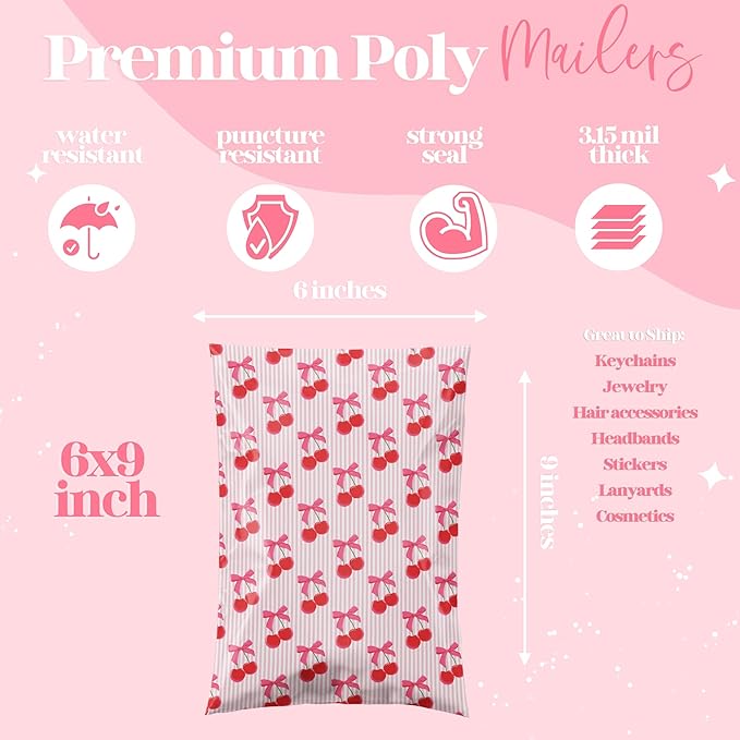 Pretty Package Store 6x9 Designer Poly Mailer 100 Pack Heavy Duty Waterproof Self Seal Shipping Bags for Small Business Large Mailing Envelopes Bulk Tear Resistant Packaging Pink Stripe Cherry Fruit
