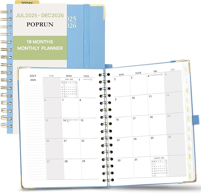 POPRUN Monthly Planner 2025-2026 Spiral Hardcover (6.25'' x 8.5''), 18 Months Calendar (Jul.2025 - Dec.2026) - 2 Pages per Month with Dotted Note Pages, Sunday Start, Laminated Tab - Haze Blue