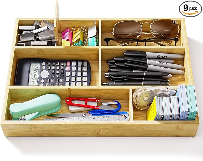 VA1KENE Bamboo Drawer Organizer with 9 Adjustable Compartments, Office Desk Organization Tray for Office Utensils, Supplies, Makeup, Jewelry, and More – Ideal for Desk or Drawer Storage