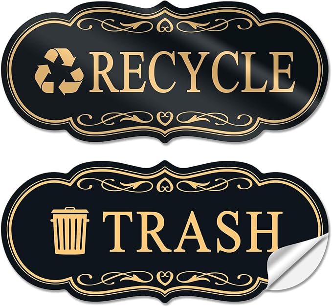 ASAVI Trash & Recycle Stickers – 2-Pack Self-Adhesive Vinyl Labels, Waterproof & Durable (Black Gold, Medium 6.3 x 2.7 inches)