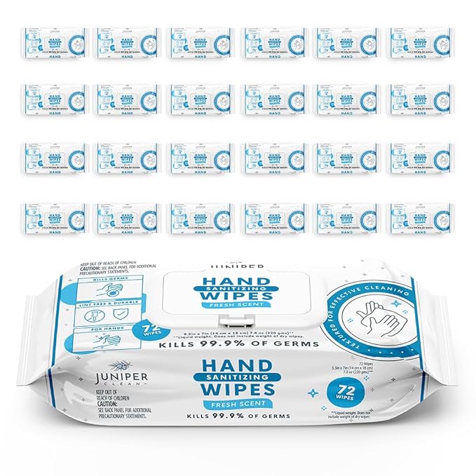 Juniper CLEAN, 24 Pack Hand Sanitizing Wipes, 1728 Count Disposable Hand Sanitizer Wipes, Fresh Scent, Lint Free & Durable