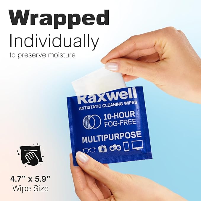 Raxwell Lens Wipes for Glasses - Streak-Free Glasses Cleaner - No-Residue Lens Cleaner - Portable Screen Wipes for Electronics - 200 Count, White, Unscented