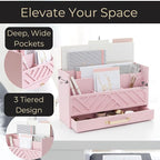 BLU MONACO Pink Wooden Desk Organizer With Storage Drawer and Gold Handle | Desktop Mail Sorter and Stationery Holder for Home Office | 4.6” x 12.4” x 7.5” Multi-Compartment Accessory Organizer