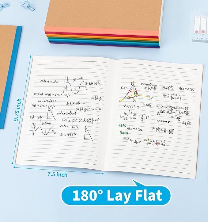 48 Pack Lined Notebook Journals Bulk, 7-1/2" x 9-3/4", Wide Ruled Paper, 30 Sheets/60 Pages, Kraft Cover with Rainbow Spines, 12 Colors Lined Composition Notebook Journal for Work Study Note Taking