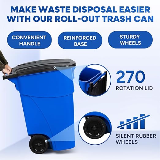 Plastic Prince 50 Gallon Trash Can with Lid Rollout Recycling Bin Large Outdoor, Commercial Heavy-Duty Container with Wheels, Blue