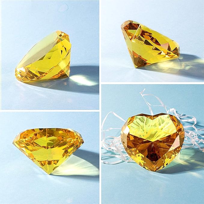 Zoogamo 3” / 80 mm Yellow Diamond Heart Shaped Glass Crystal Paperweight – Home Office Decor & Valentine's Day Gift Wedding Favors Centerpieces Decoration with Gift Box