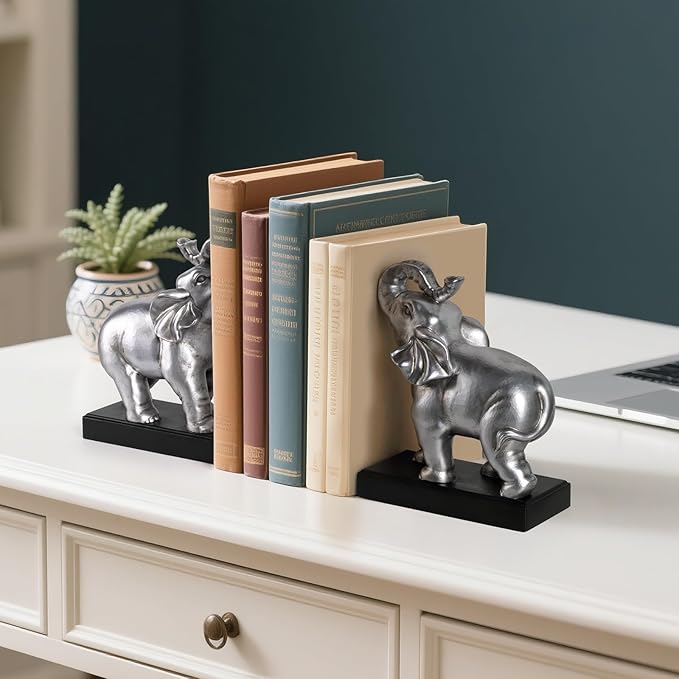 MXARLTR Elephant Book Ends Decorative, Bookends for Shelves, Book Ends for Heavy Books with Anti-Slip Pad for Book Lovers Heavy Book Holder for Home Office Decor (Silver)