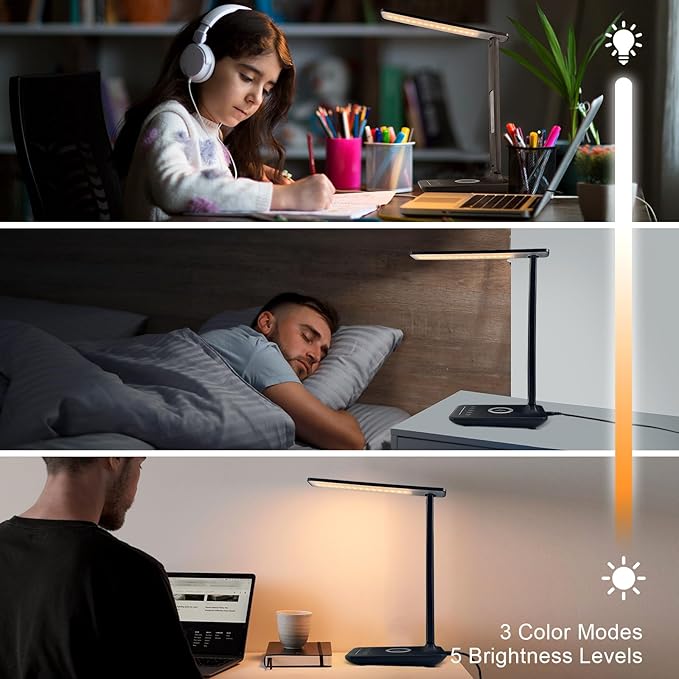 snsok Desk Lamp, Desk Light with Wireless Charger, USB Charging Port, Dimmable Office Desk Lamp with Clock, Alarm, Date, Temperature, Foldable Table Lamp for Table Bedroom Bedside Office (Black PRO)