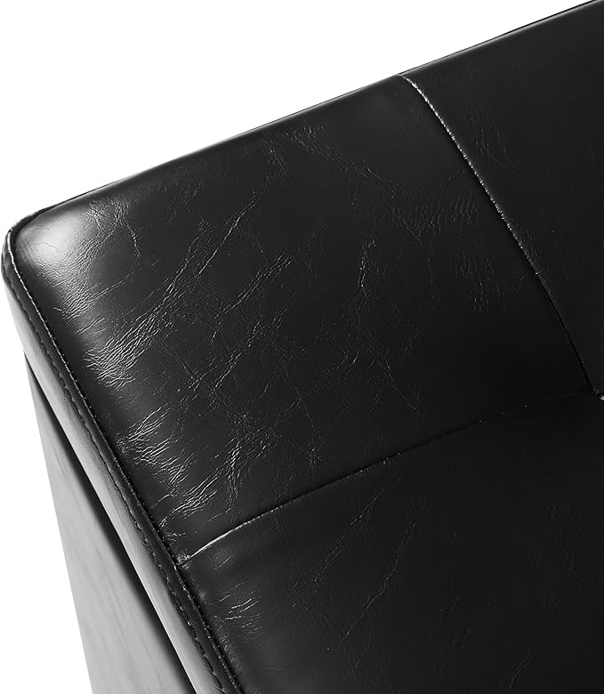 Adeco Modern Leather Ottoman with Wheels, 18.8" Black Square Rolling Ottoman with Storage, Upholstered Button Tufted Vanity Stool with Hinged Lid for Living Room, Bedroom, Dorm