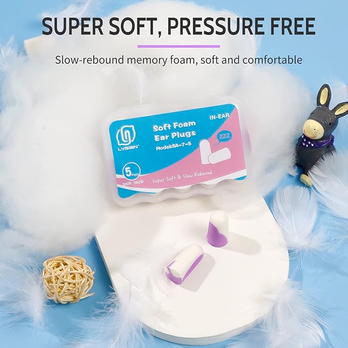 LYSIAN Ultra Soft Foam Earplugs Sleep-5 Pairs, 38dB Noise Cancelling Ear Plugs for Sleeping, Study, Shooting Range and Loud Sound Proof (Purple/White)