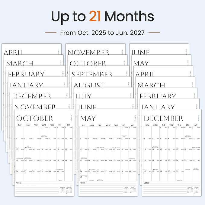 SUNEE Wall Calendar 2026 Large 22.75"x15.5", 21 Month from October 2025 to June 2027, Vertical Extra Large Monthly Calendar 2026 for Wall, White