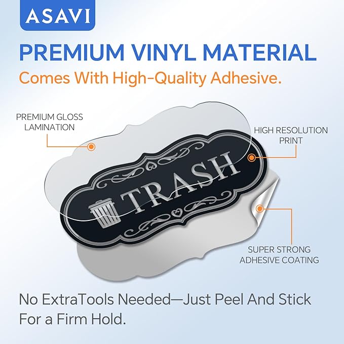ASAVI Trash & Recycle Stickers – 2-Pack Self-Adhesive Vinyl Labels, Waterproof & Durable (Black Background with Transparent Text, Medium 6.3 x 2.7 inches)