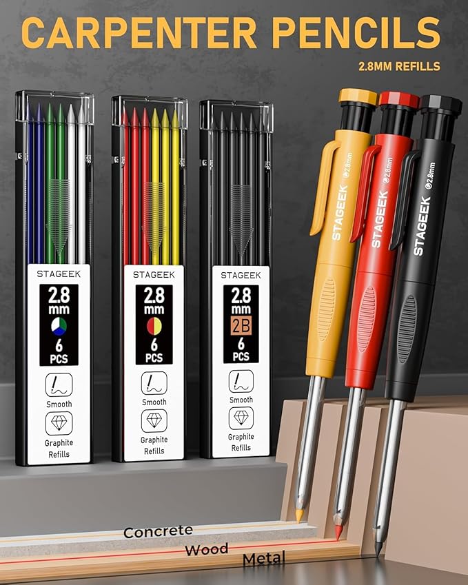 STAGEEK 22 Pack Carpenter Pencil Set with Sharpener, Mechanical Carpenter Pencils with 60 Refills, Deep Hole Long-Nib Marker Pens, Carbide Scribe Tool & Construction Pencils for Architect with Case