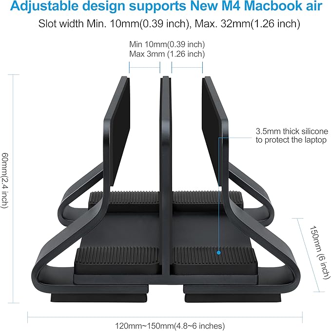 Psitek Aluminum Dual Vertical Laptop Stand Dock Holder, Supports 2 Devices, Adjustable Slot Width 15-36mm, Space-Saving Upright Storage for MacBook and Laptops