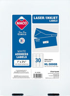 MACO Printable Labels for Mailing - Laser/Ink Jet Compatible Shipping Address Labels, 30 per Sheet, 1" x 2-5/8", Box of 250 Pages/7500 Labels, White