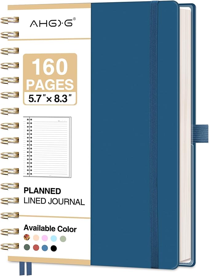 AHGXG Spiral Journal Notebook, 160 Lined Pages, A5 Medium Size (5.7'' x 8.3''), for Men & Women, Journaling, Writing, Work & Office, Hardcover, 100 GSM Thick Paper (Navy Blue)