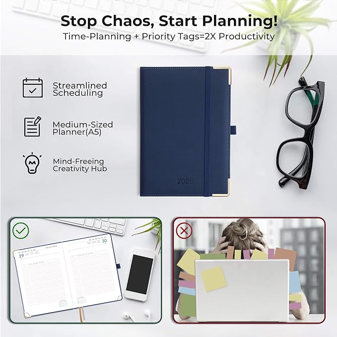 IN-luxpro Daily Planner 2026 with One Page Per Day,(A5-8.5" x 5.9"),12 Months Calendar Hourly Appointment Book Monthly Tabs & Self-adhesive Pen Holder,Inner Pocket, Vegan Leather Hardback,Blue