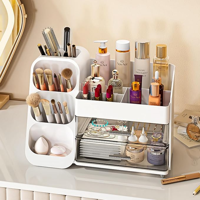 KQJS Makeup Organizer with Drawers,Large Capacity Countertop Organizer for Vanity,Bathroom and Bedroom Desk Cosmetics Organizer,Easy To Storage Skincare,Brushes, Eyeshadow, Lotions, Lipstick (White)